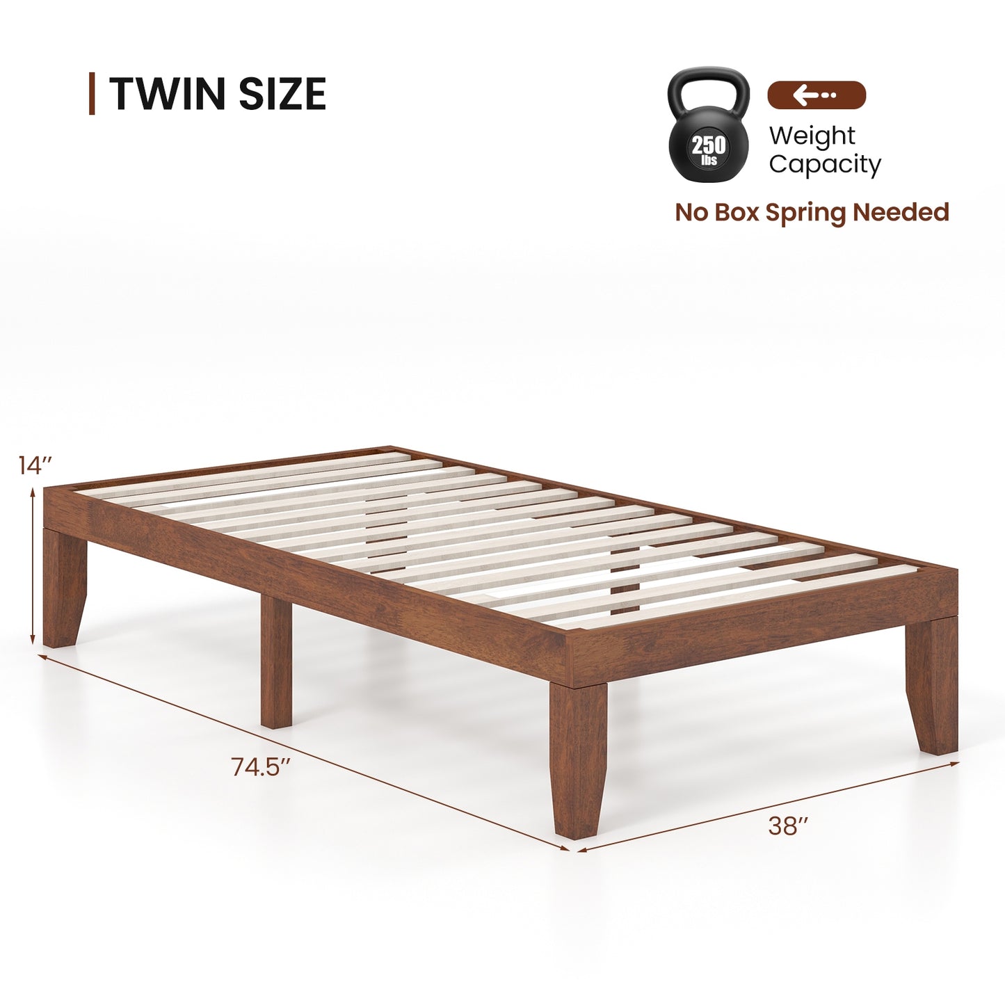 14 Inch Twin Size Rubber Wood Platform Bed Frame with Wood Slat Support-Walnut Kids Crystal