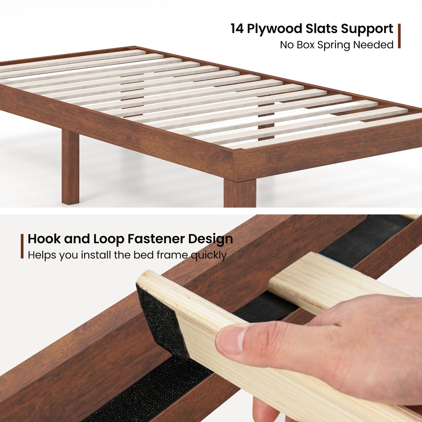 14 Inch Twin Size Rubber Wood Platform Bed Frame with Wood Slat Support-Walnut Kids Crystal