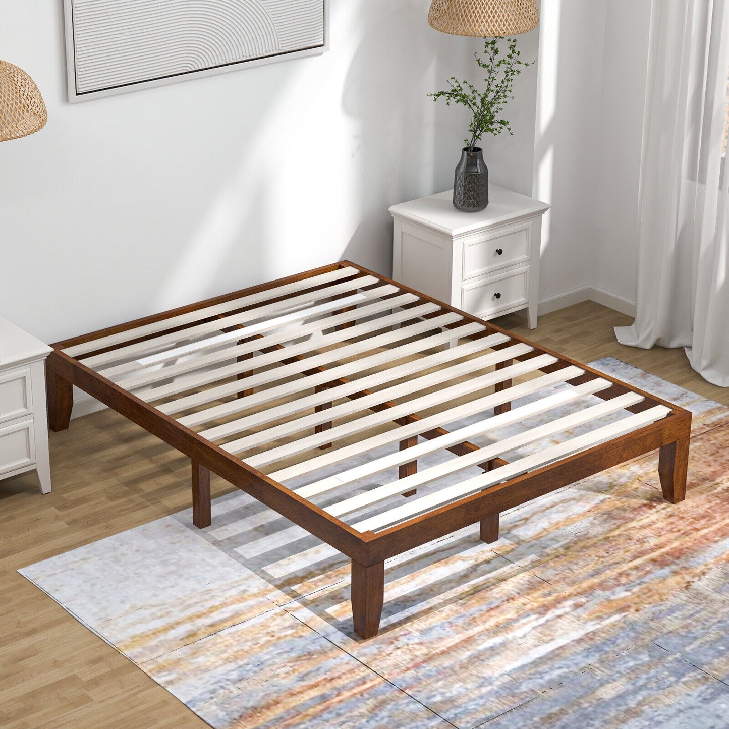 14 Inch Queen Size Rubber Wood Platform Bed Frame with Wood Slat Support-Walnut Kids Crystal
