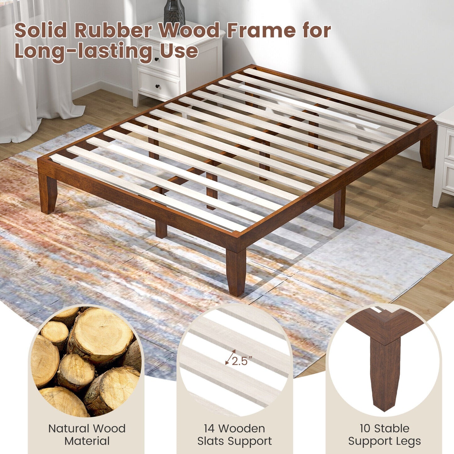 14 Inch Queen Size Rubber Wood Platform Bed Frame with Wood Slat Support-Walnut Kids Crystal