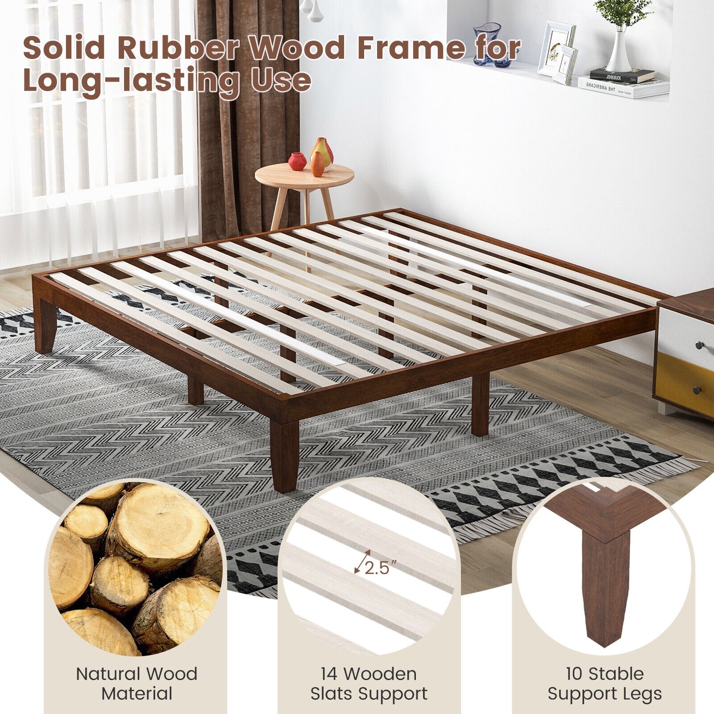 14 Inch King Size Rubber Wood Platform Bed Frame with Wood Slat Support-Walnut Kids Crystal