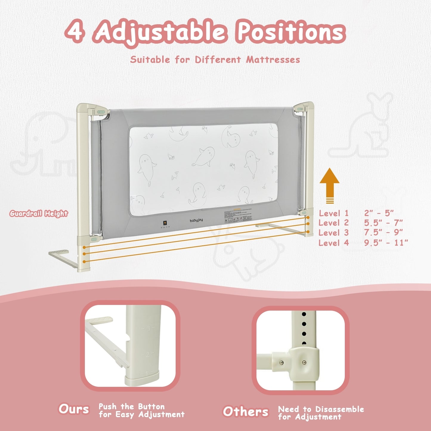 Bed Rail Guard for Toddlers Kid with Adjustable Height and Safety Lock-70 inch Kids Crystal