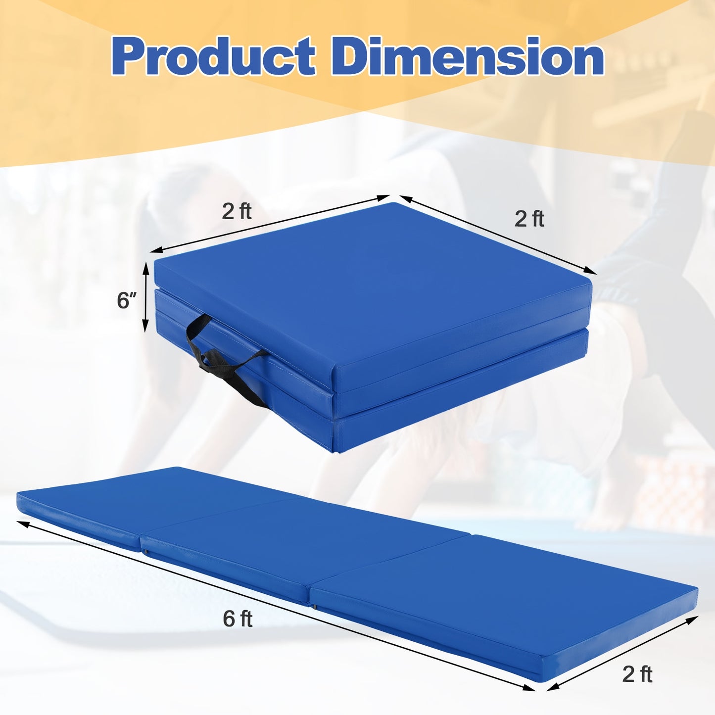 6 x 2 FT Tri-Fold Gym Mat with Handles and Removable Zippered Cover-Dark Blue Kids Crystal