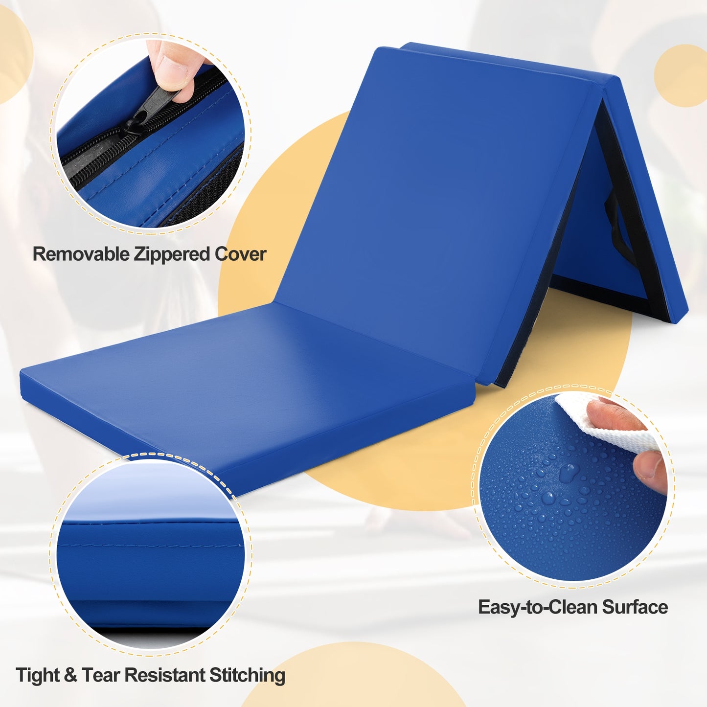 6 x 2 FT Tri-Fold Gym Mat with Handles and Removable Zippered Cover-Dark Blue Kids Crystal