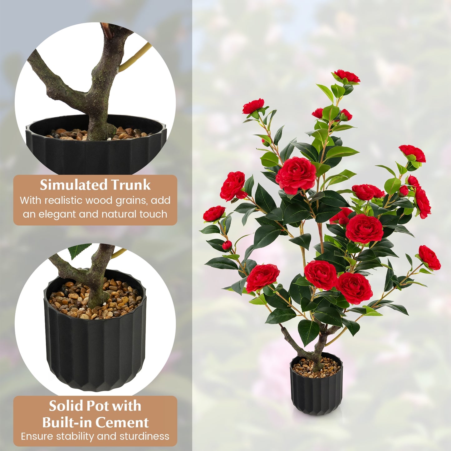 38 Inch Artificial Camellia Tree Faux Flower Plant in Cement Pot-Red Kids Crystal