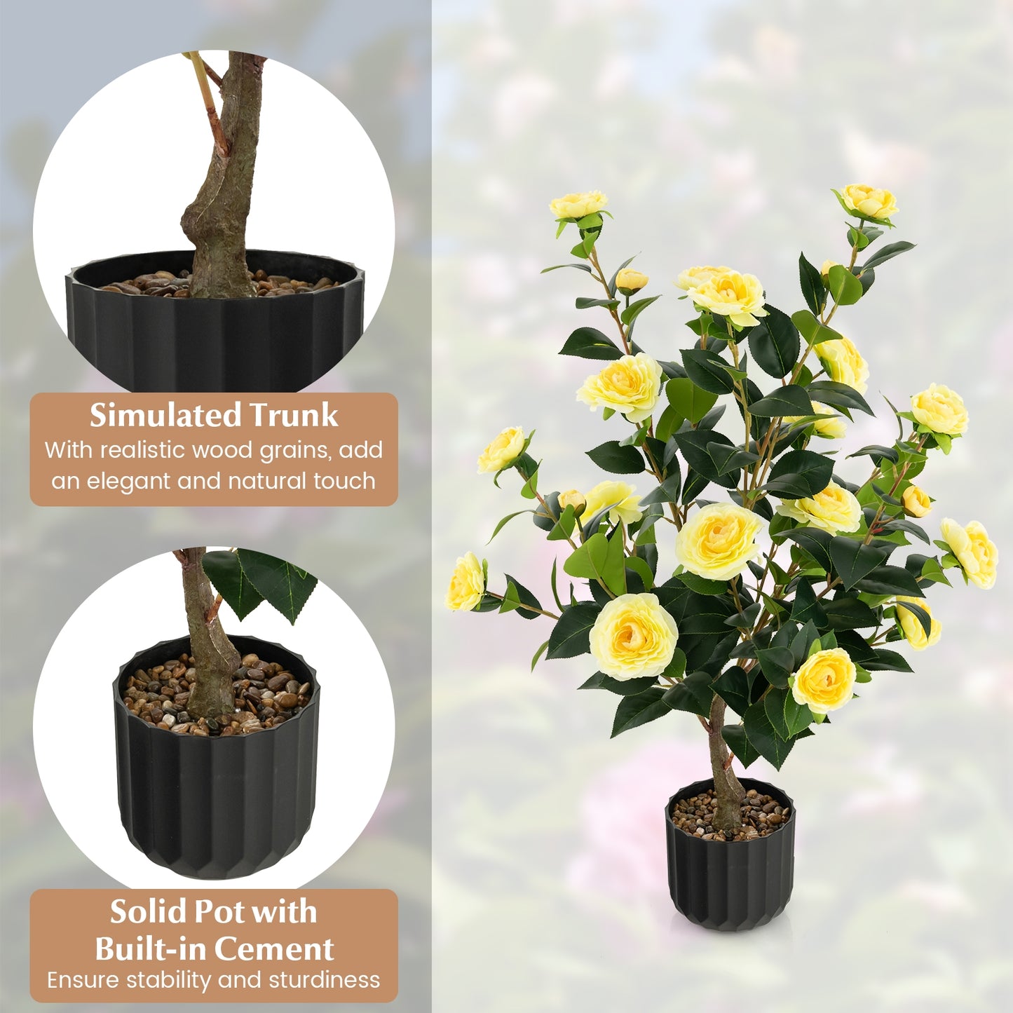 38 Inch Artificial Camellia Tree Faux Flower Plant in Cement Pot-Yellow Kids Crystal
