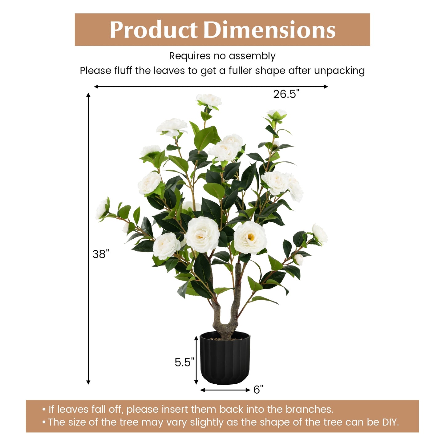 38 Inch Artificial Camellia Tree Faux Flower Plant in Cement Pot-White Kids Crystal