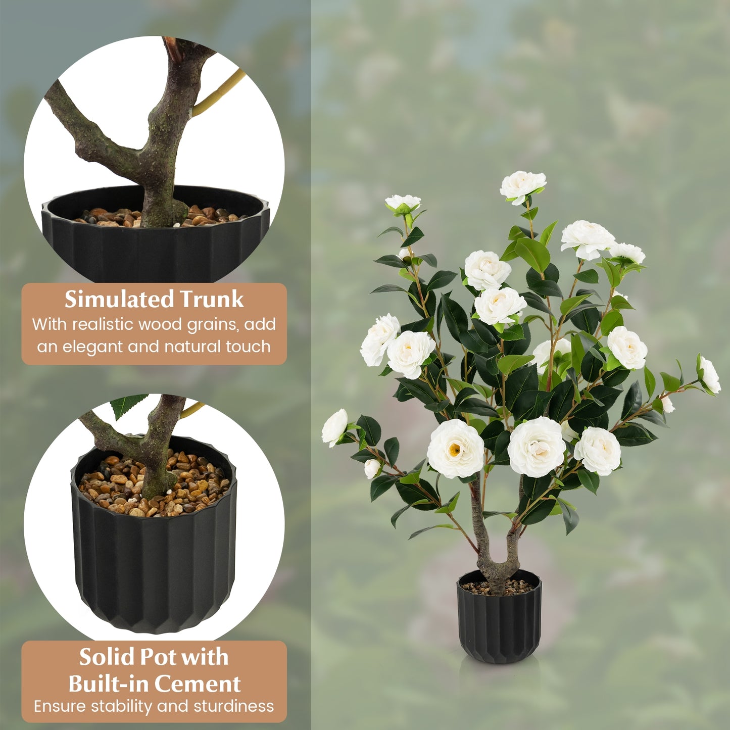 38 Inch Artificial Camellia Tree Faux Flower Plant in Cement Pot-White Kids Crystal