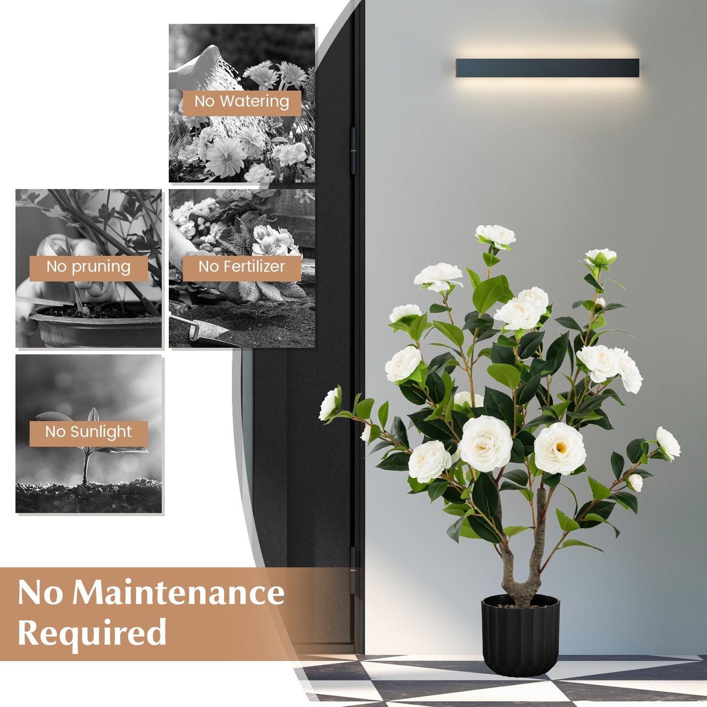 38 Inch Artificial Camellia Tree Faux Flower Plant in Cement Pot-White Kids Crystal