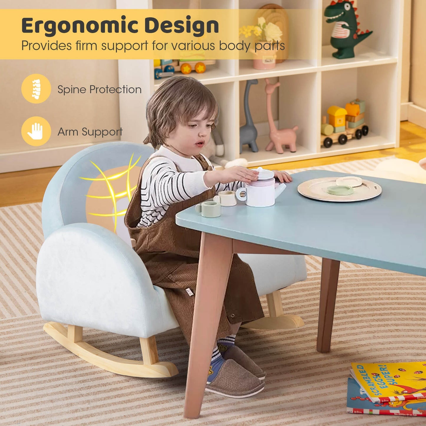 Toddler Rocking Chair with Solid Rubber Wood Frame Soft Velvet Cover-Blue
