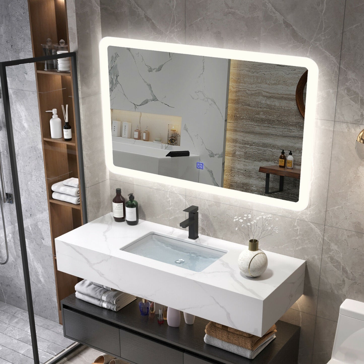 LED Wall-mounted Bathroom Rounded Arc Corner Mirror with Touch Kids Crystal