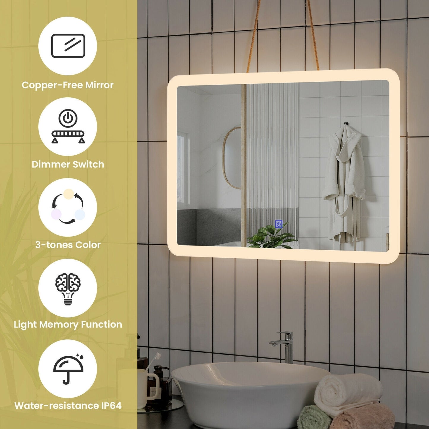 LED Wall-mounted Bathroom Rounded Arc Corner Mirror with Touch Kids Crystal