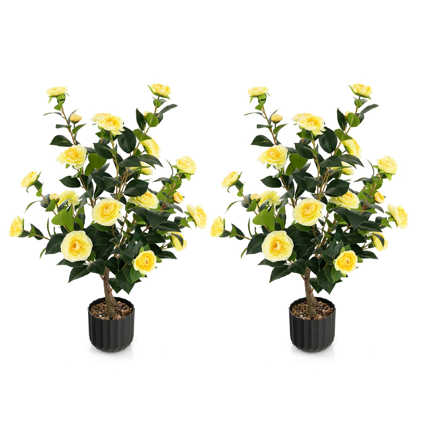 38 Inch Artificial Camellia Tree Faux Flower Plant in Cement Pot 2 Pack-Yellow Kids Crystal