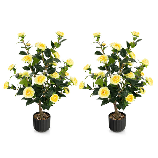 38 Inch Artificial Camellia Tree Faux Flower Plant in Cement Pot 2 Pack-Yellow Kids Crystal