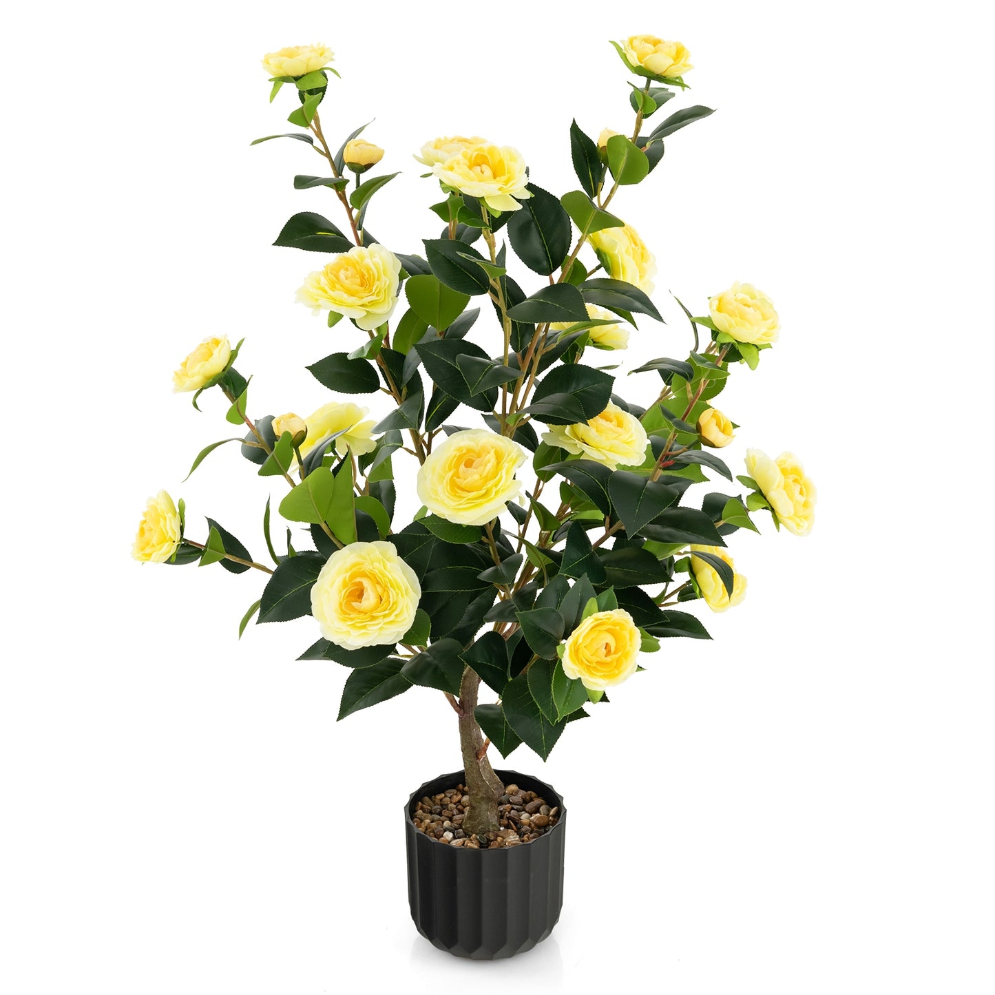38 Inch Artificial Camellia Tree Faux Flower Plant in Cement Pot 2 Pack-Yellow Kids Crystal