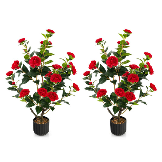 38 Inch Artificial Camellia Tree Faux Flower Plant in Cement Pot 2 Pack-Red Kids Crystal