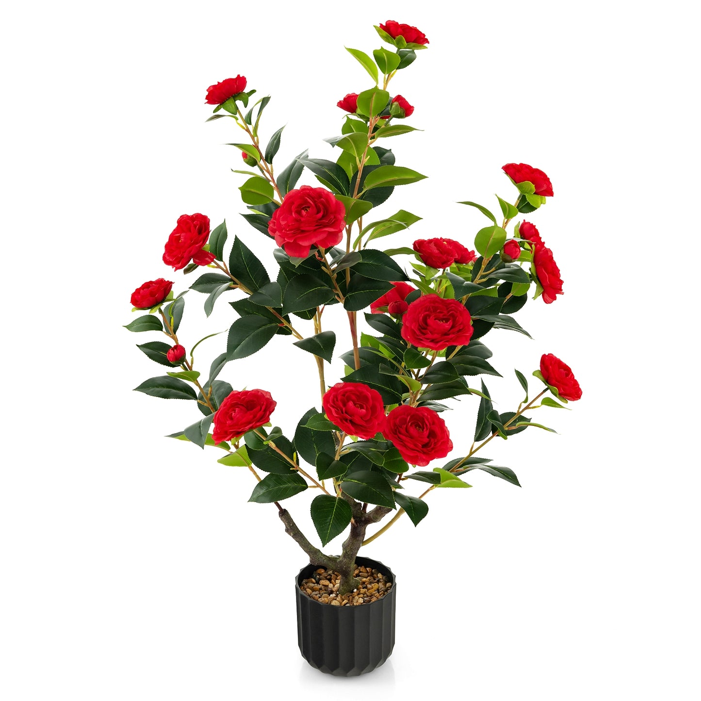 38 Inch Artificial Camellia Tree Faux Flower Plant in Cement Pot 2 Pack-Red Kids Crystal