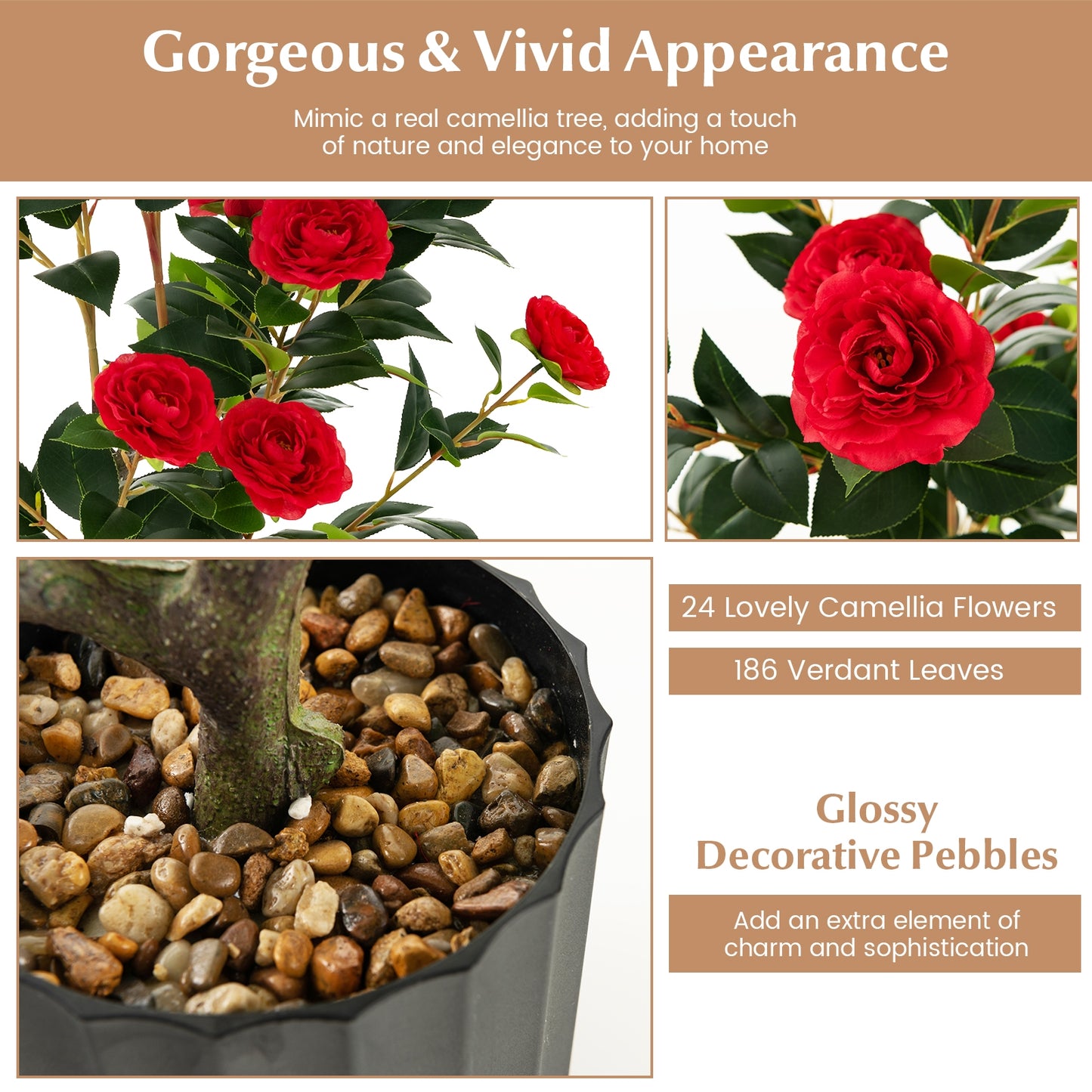 38 Inch Artificial Camellia Tree Faux Flower Plant in Cement Pot 2 Pack-Red Kids Crystal