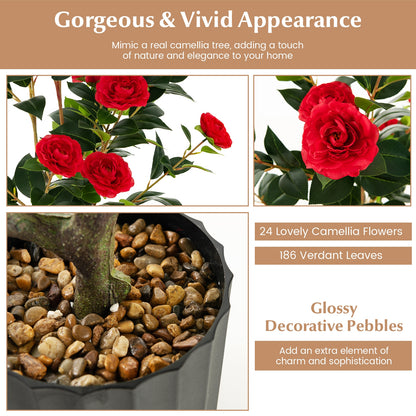 38 Inch Artificial Camellia Tree Faux Flower Plant in Cement Pot 2 Pack-Red