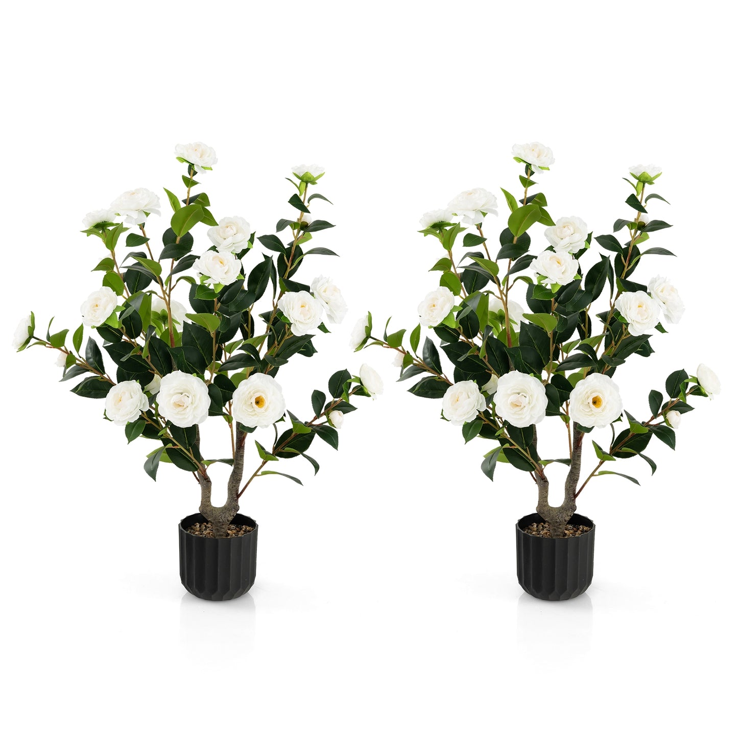 38 Inch Artificial Camellia Tree Faux Flower Plant in Cement Pot 2 Pack-White Kids Crystal