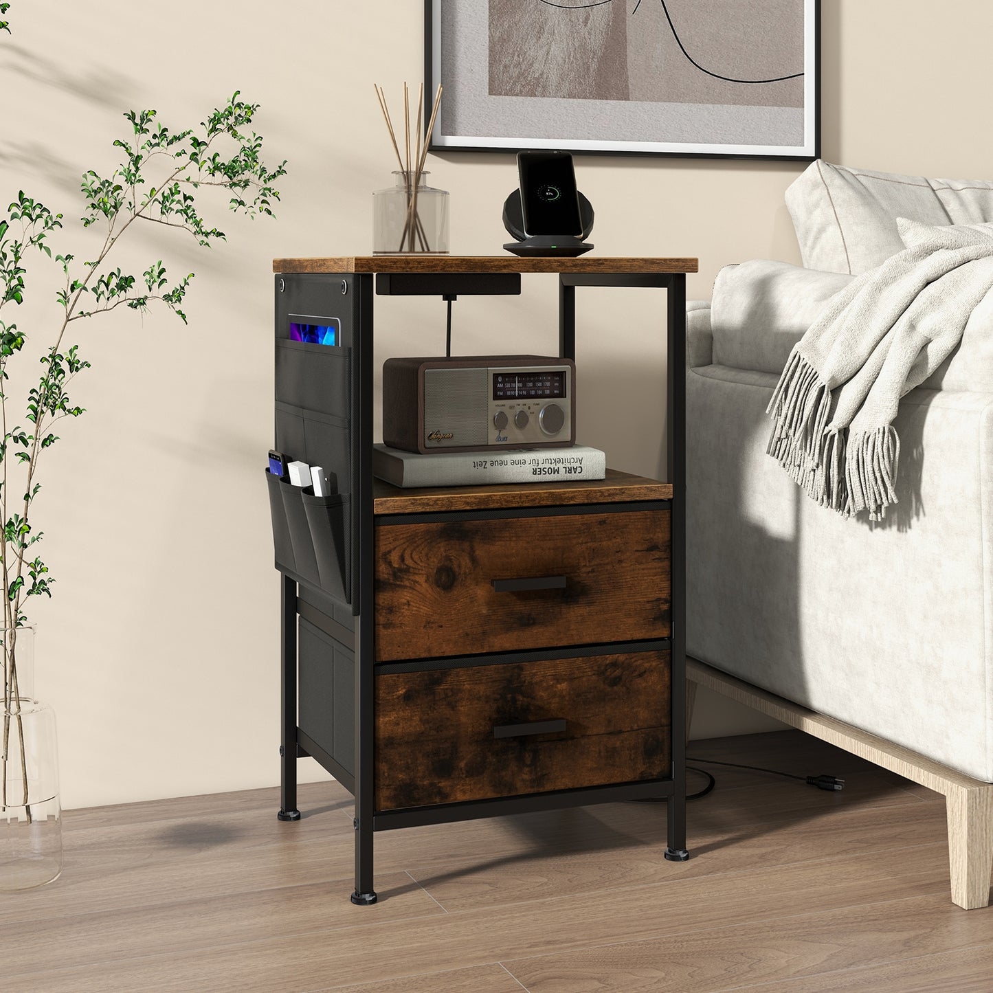 Industrial Bedside Table with USB Ports and AC Outlets for Bedroom Living Room-1 Piece Kids Crystal