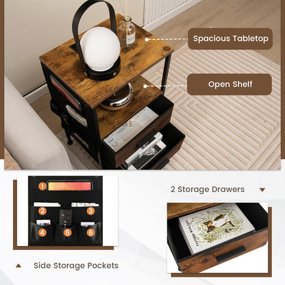 Industrial Bedside Table with USB Ports and AC Outlets for Bedroom Living Room-1 Piece