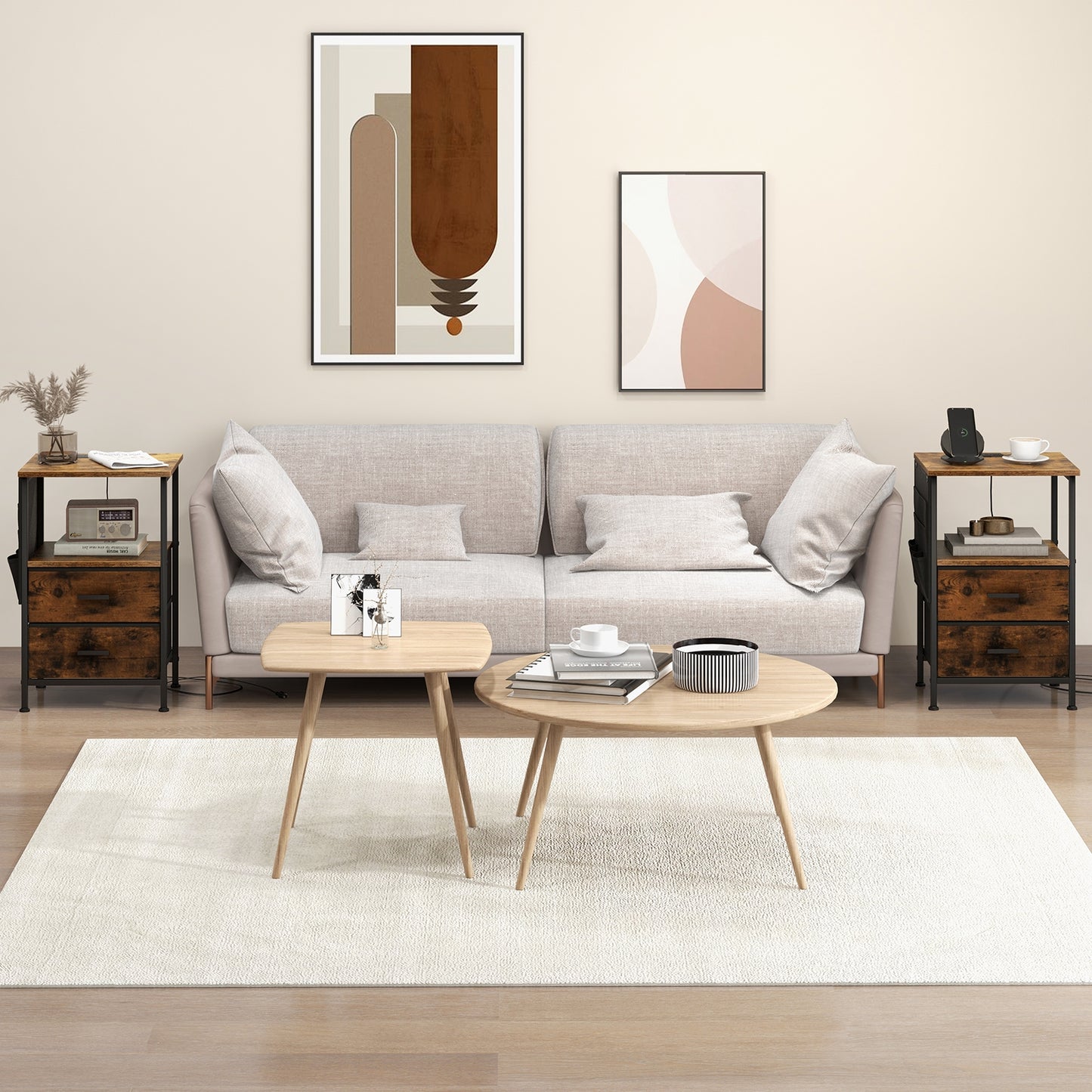 Industrial Bedside Table with USB Ports and AC Outlets for Bedroom Living Room-Set of 2 Kids Crystal