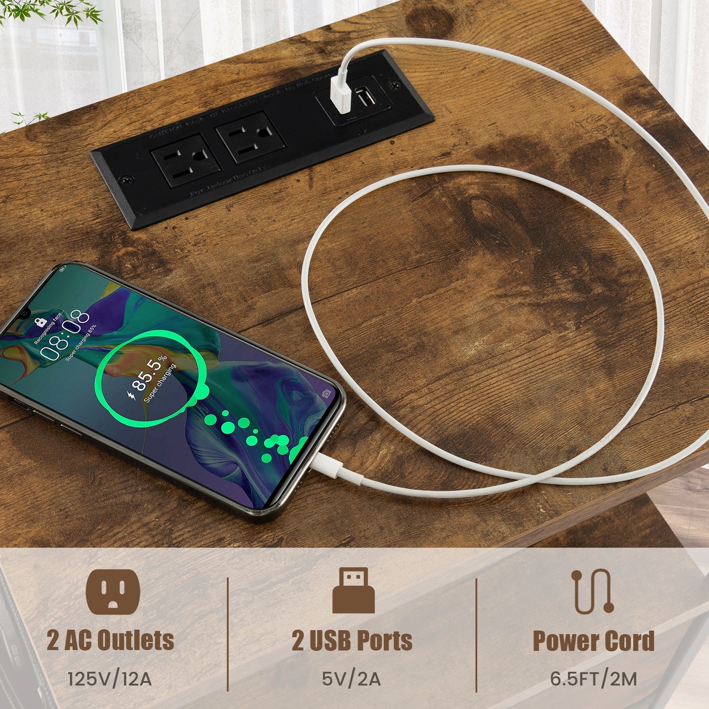 Industrial Bedside Table with USB Ports and AC Outlets for Bedroom Living Room-Set of 2 Kids Crystal