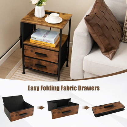 Industrial Bedside Table with USB Ports and AC Outlets for Bedroom Living Room-Set of 2