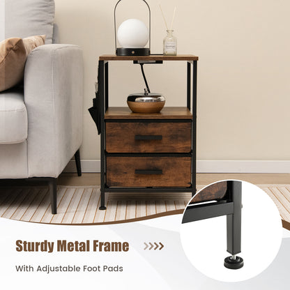 Industrial Bedside Table with USB Ports and AC Outlets for Bedroom Living Room-Set of 2