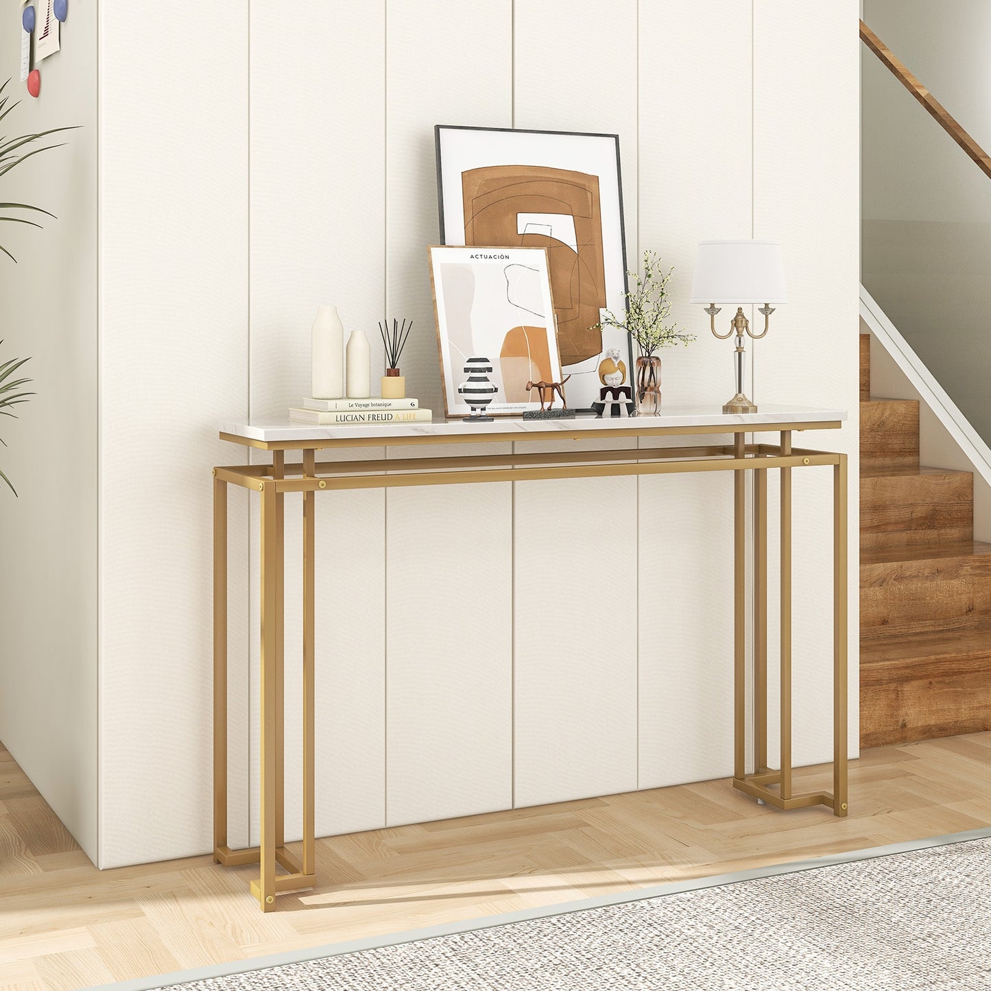 Modern Entryway Table with Gold Heavy-duty Metal Frame and Anti-toppling Kit for Living Room Kids Crystal