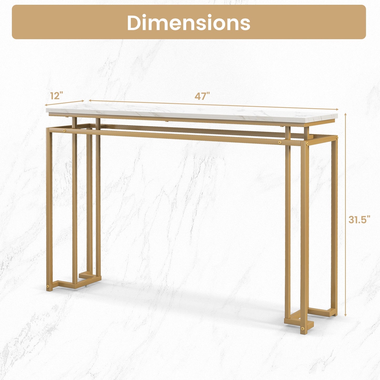 Modern Entryway Table with Gold Heavy-duty Metal Frame and Anti-toppling Kit for Living Room Kids Crystal