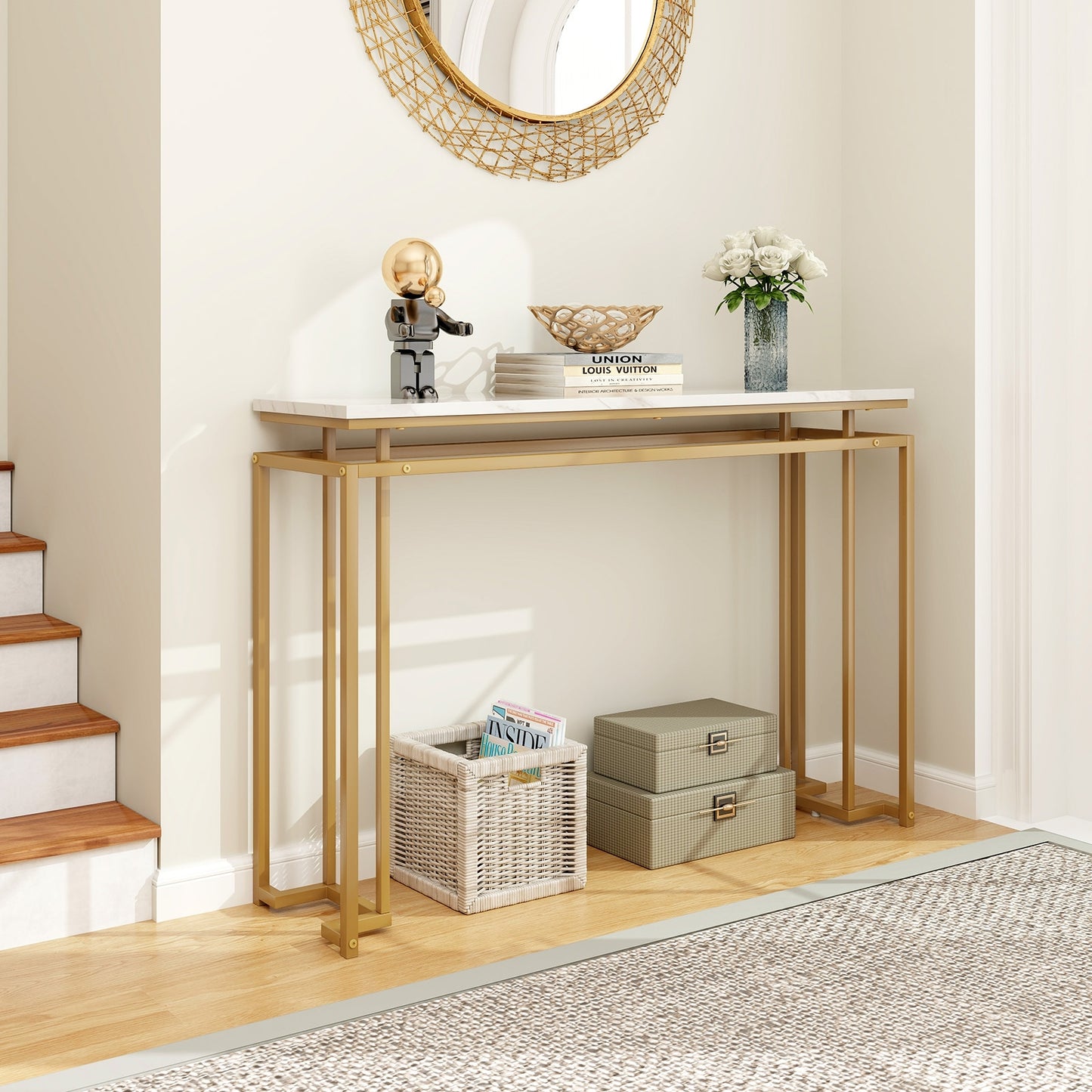 Modern Entryway Table with Gold Heavy-duty Metal Frame and Anti-toppling Kit for Living Room Kids Crystal