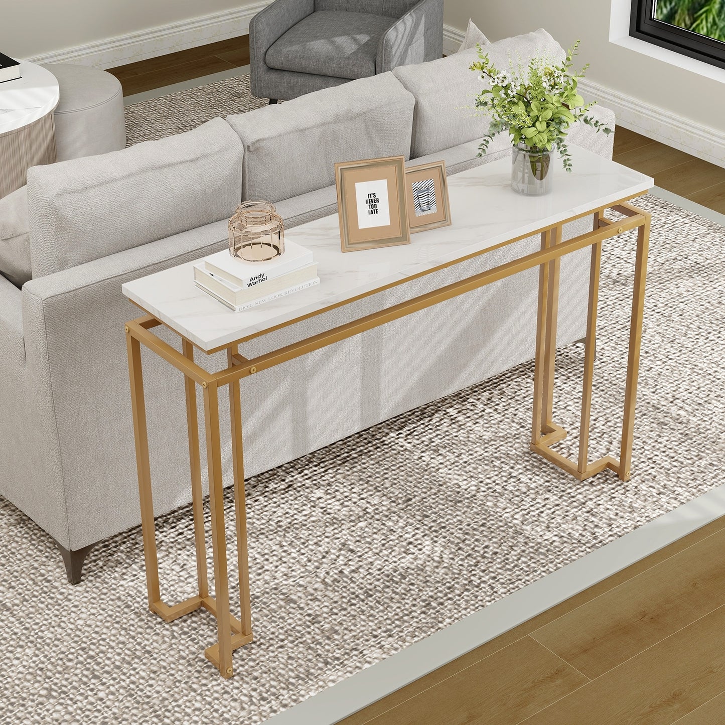 Modern Entryway Table with Gold Heavy-duty Metal Frame and Anti-toppling Kit for Living Room Kids Crystal