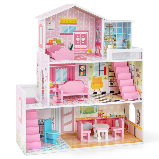 Kids Wooden Dollhouse Playset with 5 Simulated Rooms and 10 Pieces of Furniture-Pink Kids Crystal
