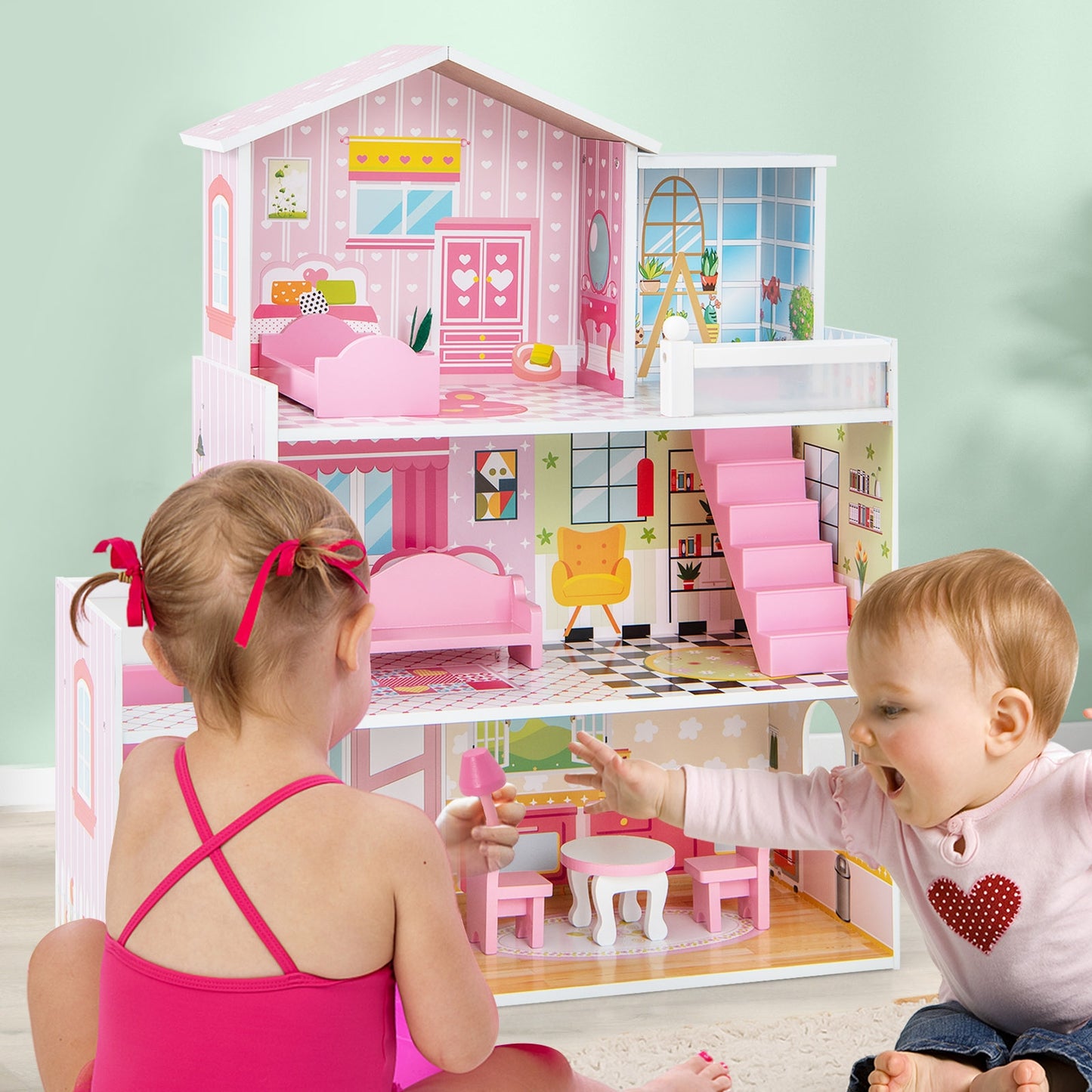 Kids Wooden Dollhouse Playset with 5 Simulated Rooms and 10 Pieces of Furniture-Pink Kids Crystal