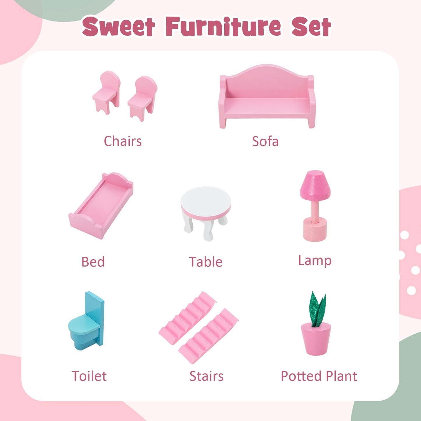 Kids Wooden Dollhouse Playset with 5 Simulated Rooms and 10 Pieces of Furniture-Pink Kids Crystal