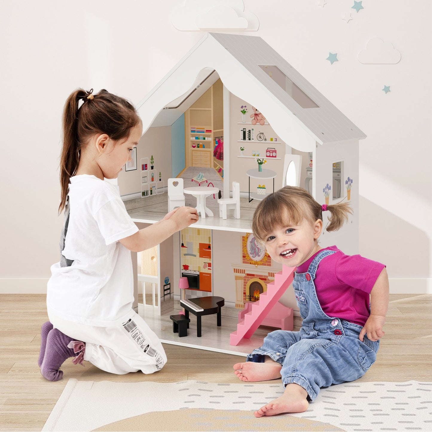 Semi-Opened DIY Dollhouse with Simulated Rooms and Furniture Set-White Kids Crystal