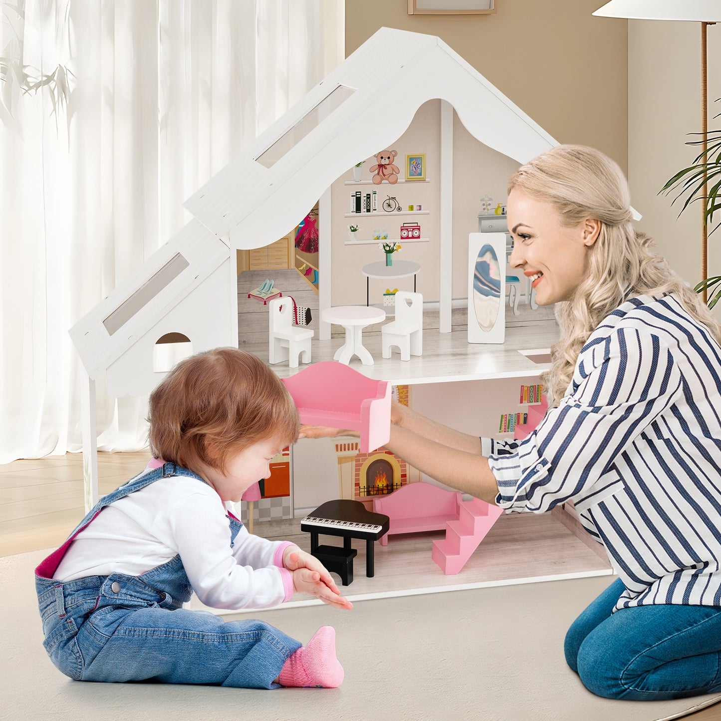 Semi-Opened DIY Dollhouse with Simulated Rooms and Furniture Set-White Kids Crystal