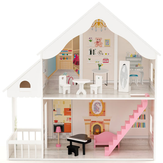 Semi-Opened DIY Dollhouse with Simulated Rooms and Furniture Set-White Kids Crystal