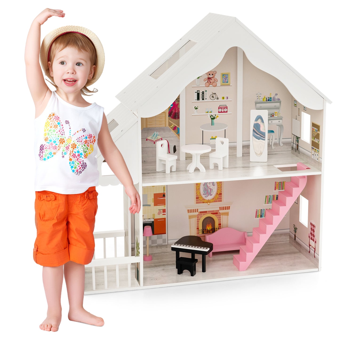 Semi-Opened DIY Dollhouse with Simulated Rooms and Furniture Set-White Kids Crystal