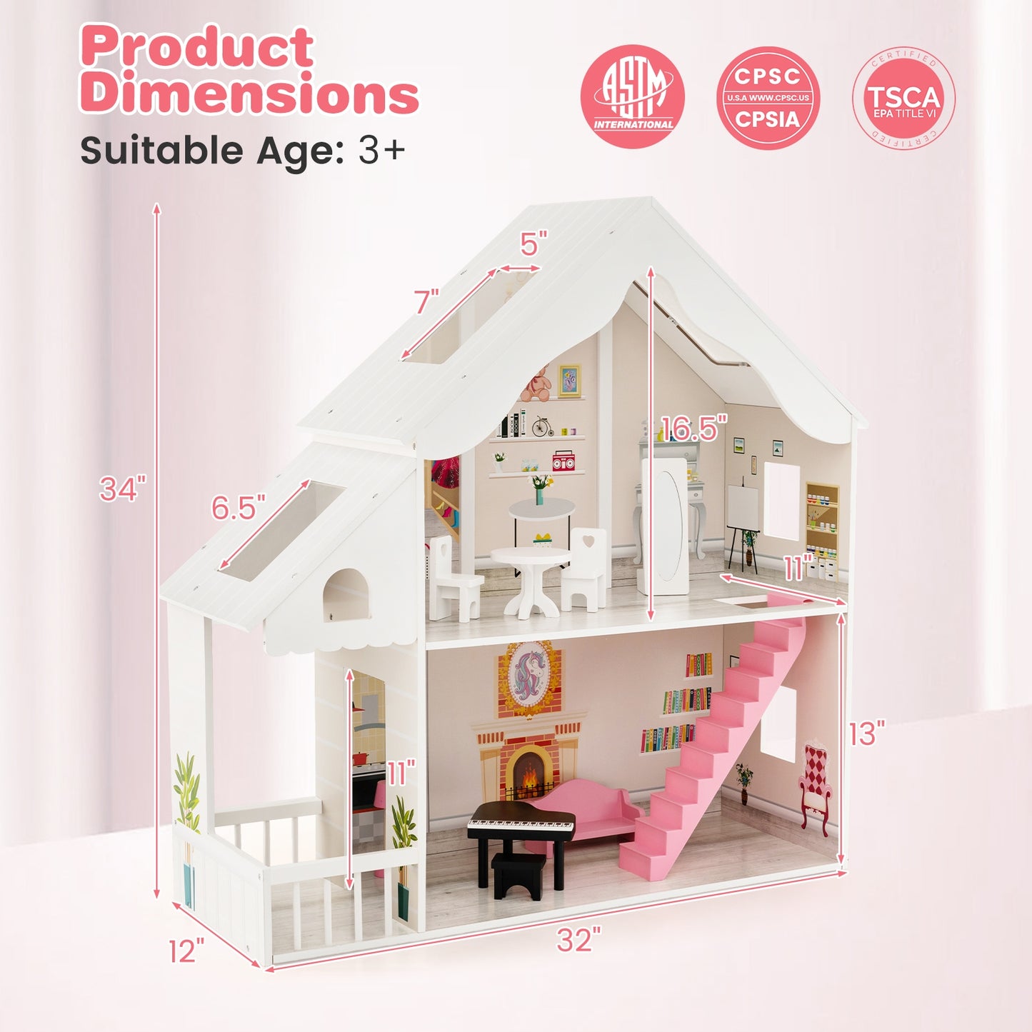 Semi-Opened DIY Dollhouse with Simulated Rooms and Furniture Set-White Kids Crystal