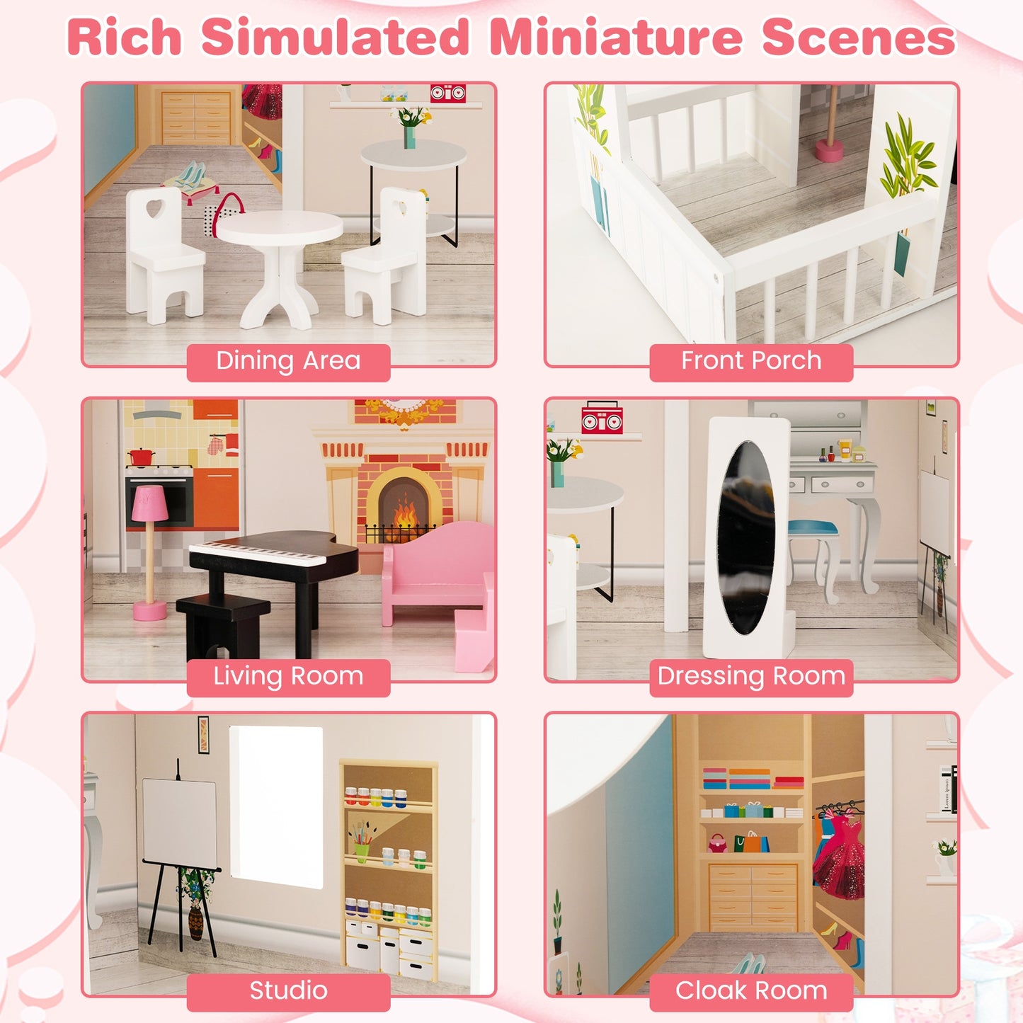 Semi-Opened DIY Dollhouse with Simulated Rooms and Furniture Set-White Kids Crystal