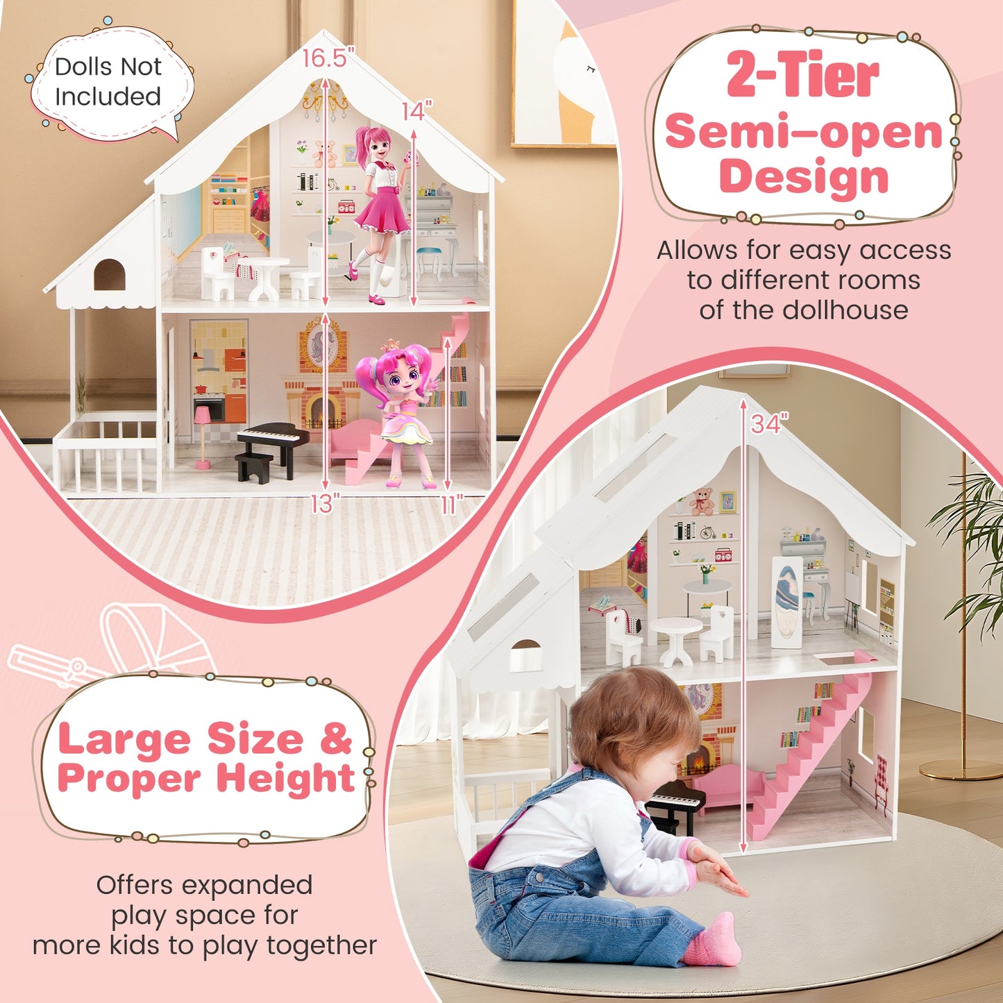 Semi-Opened DIY Dollhouse with Simulated Rooms and Furniture Set-White Kids Crystal