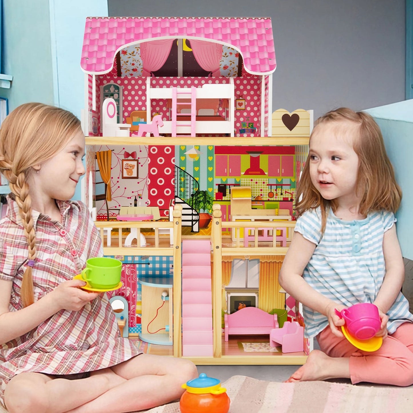 Doll House Playset with 3 Stories and 6 Simulated Rooms and 15 Pieces of Furniture-Pink Kids Crystal