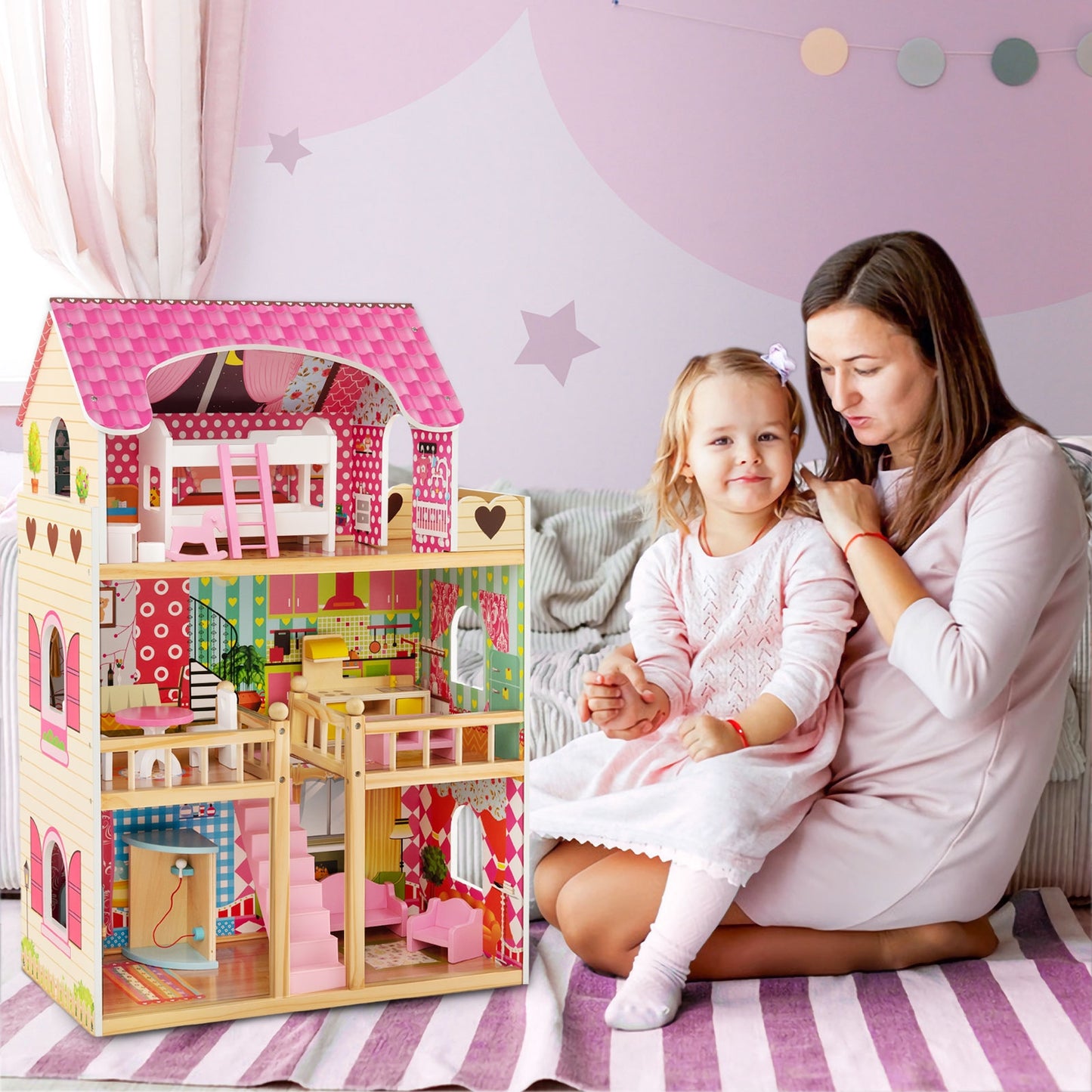 Doll House Playset with 3 Stories and 6 Simulated Rooms and 15 Pieces of Furniture-Pink Kids Crystal
