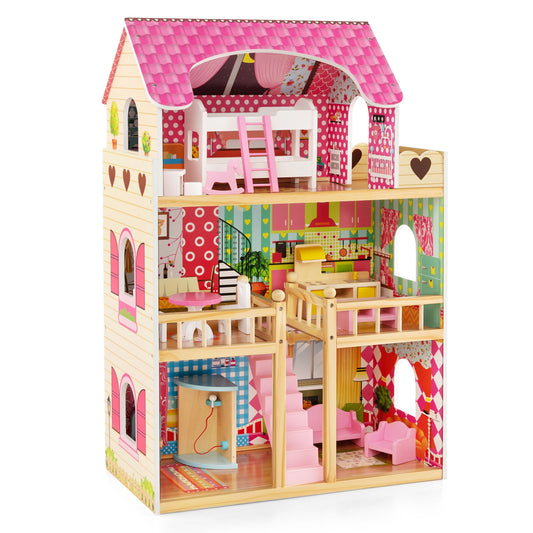 Doll House Playset with 3 Stories and 6 Simulated Rooms and 15 Pieces of Furniture-Pink Kids Crystal