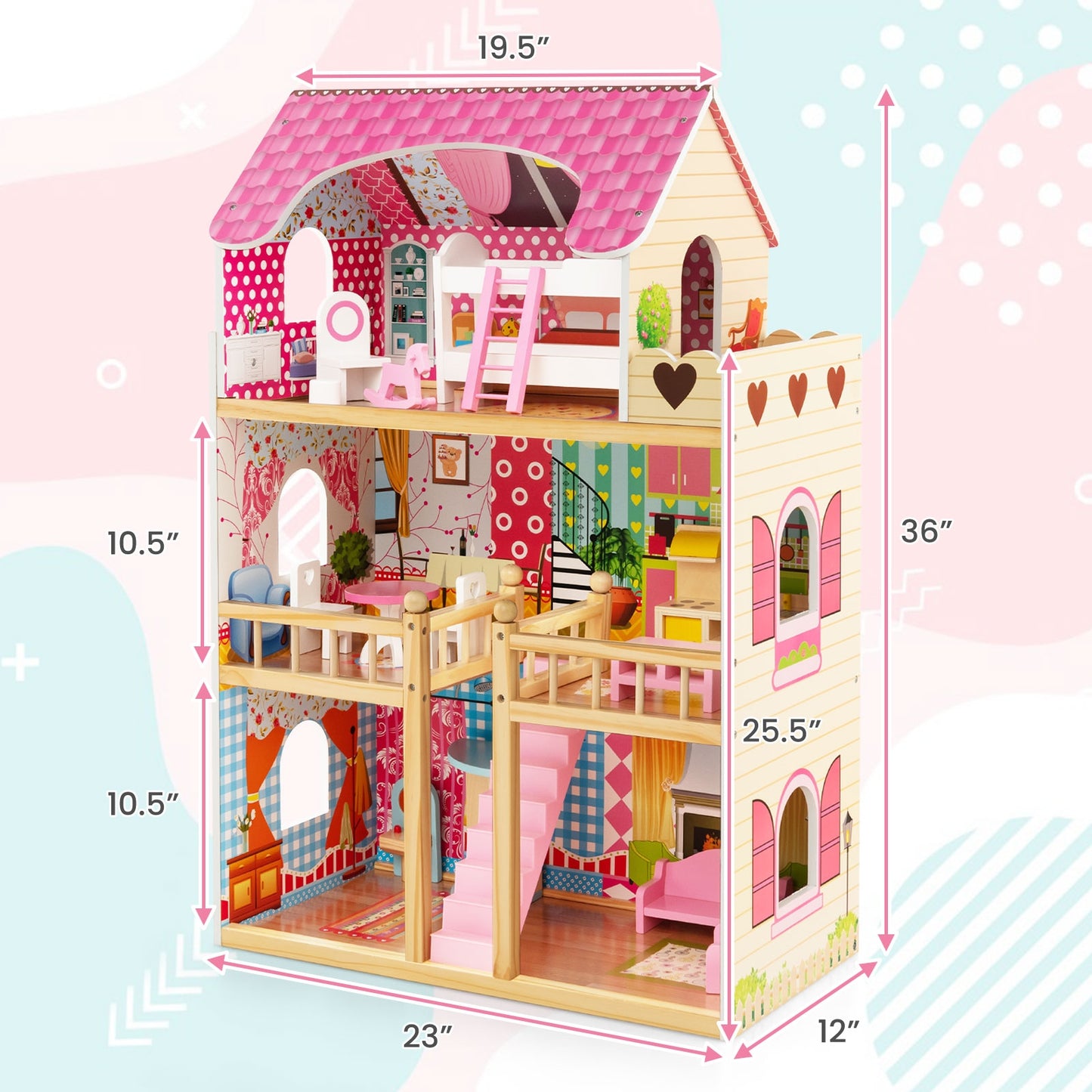Doll House Playset with 3 Stories and 6 Simulated Rooms and 15 Pieces of Furniture-Pink Kids Crystal