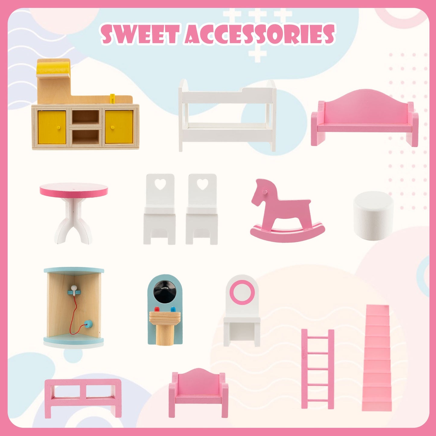 Doll House Playset with 3 Stories and 6 Simulated Rooms and 15 Pieces of Furniture-Pink Kids Crystal