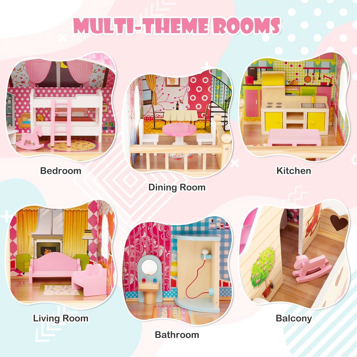Doll House Playset with 3 Stories and 6 Simulated Rooms and 15 Pieces of Furniture-Pink Kids Crystal